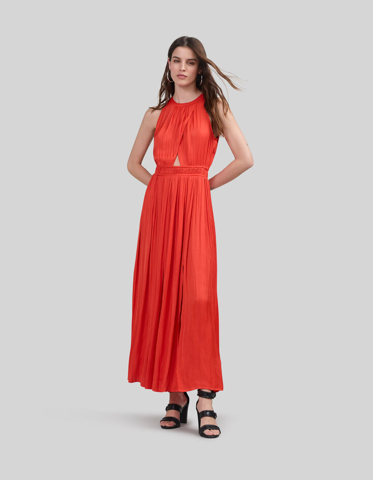 Robe longue orange recyclée haut asymétrique Femme-1