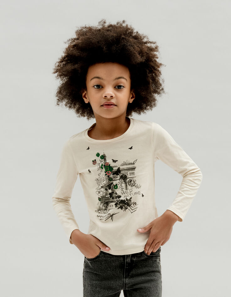 Girl's ecru organic cotton embroidered flowers T-shirt-1