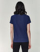 Tee-shirt bleu paon en coton flammé message pailleté femme-3