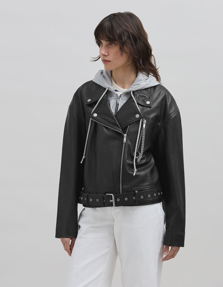 Women's black leather herringbone biker jacket with studs-2