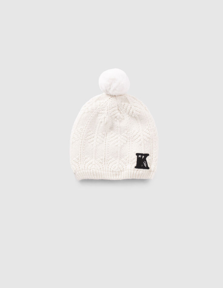 Girls’ off-white lurex knit beanie with pompom-2