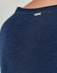Tee-shirt bleu paon en coton flammé message pailleté femme-4