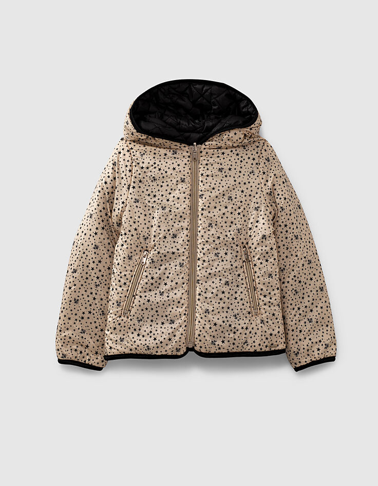 Girls’ black & star-printed beige reversible padded jacket-3