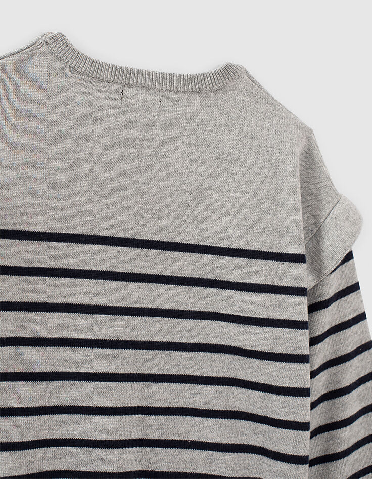 Girls’ grey marl sweater with navy stripes and ruffles-6