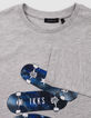 Boy's grey organic cotton T-shirt with skateboard badges-7