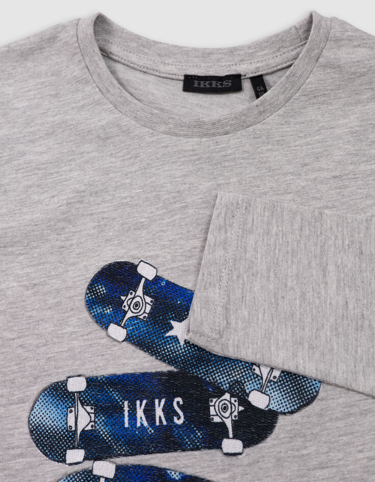 Boy's grey organic cotton T-shirt with skateboard badges-7