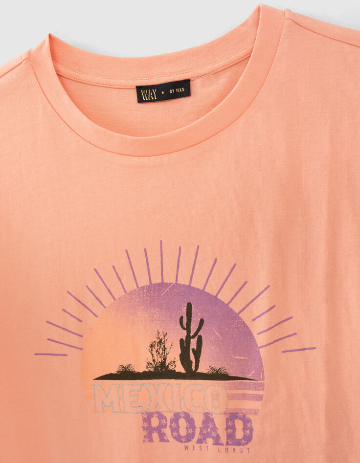 T-shirt corail bio visuel coucher de soleil fille-4