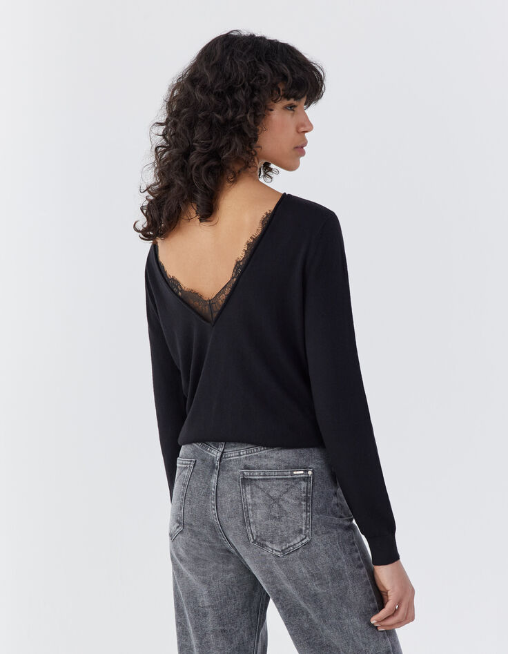 Women’s black lace touch knit V-neck sweater-5