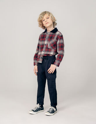 Boy's red plaid shirt with velvet collar