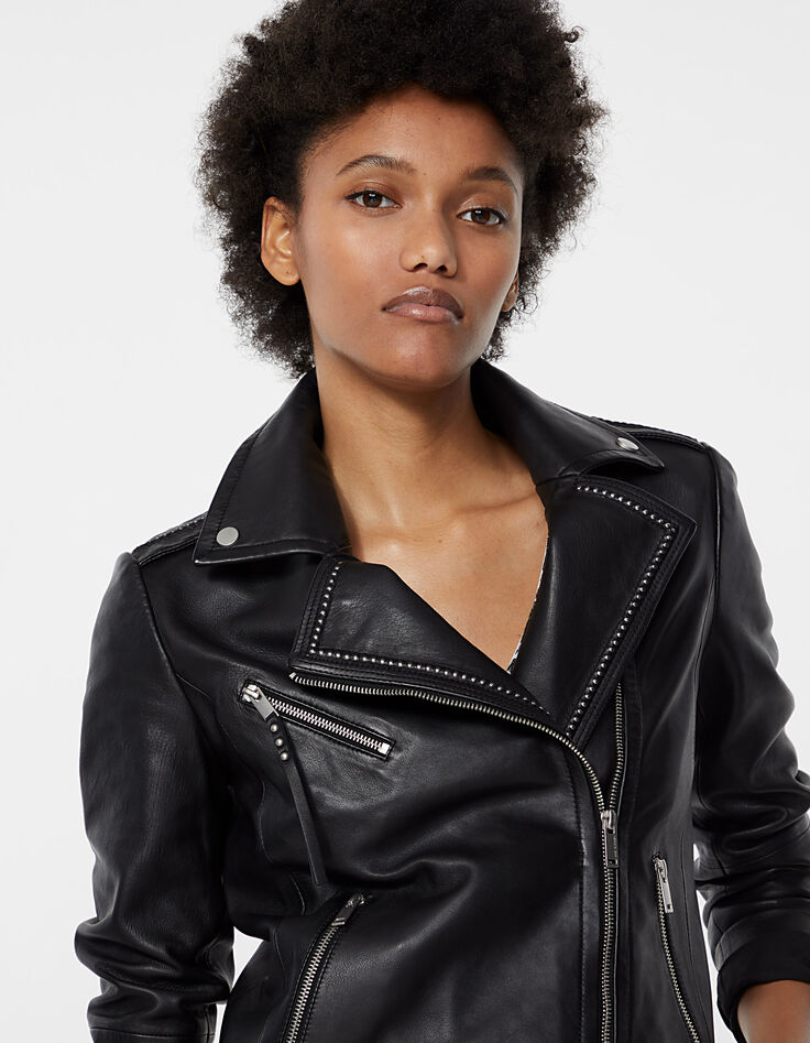 Blouson noir cuir d'agneau bijoux et poches zippées femme-4