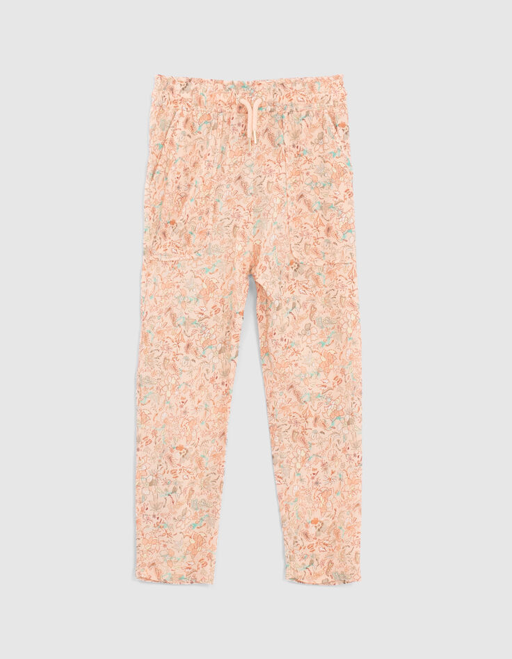 Pfirsichrote Mädchenhose Viskose mit Blumenprint-1