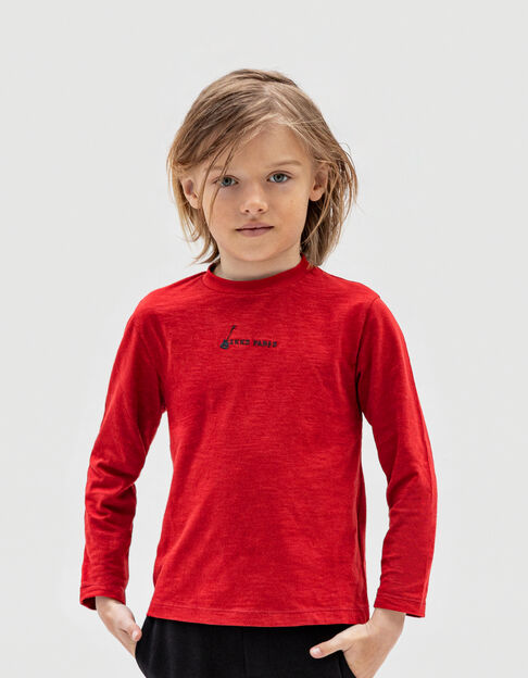 Boy's red organic cotton T-shirt with embroidery and face - IKKS