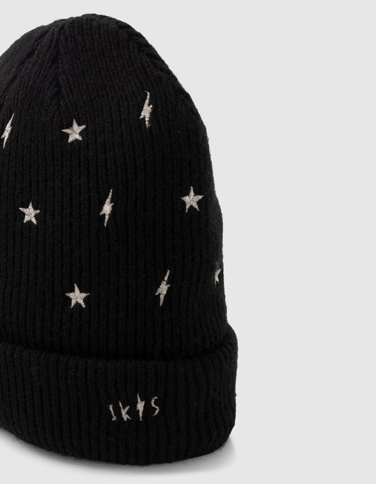 Girls’ black knit beanie, embroidered gold stars/lightning-2