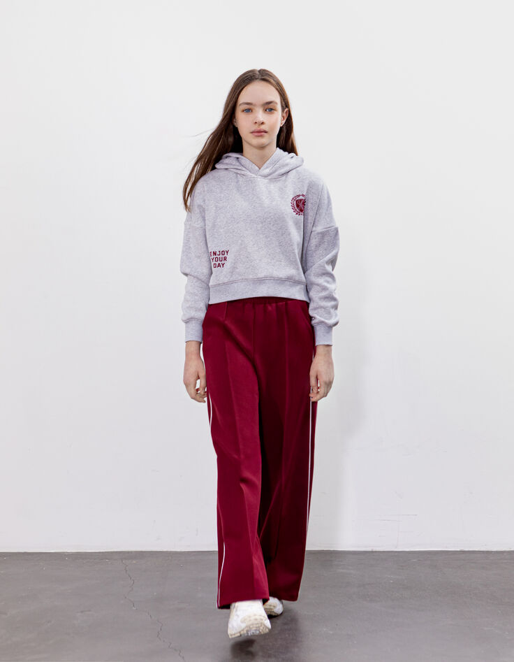 Wide-leg burgundy pants with ecru bias on girls' sides-3