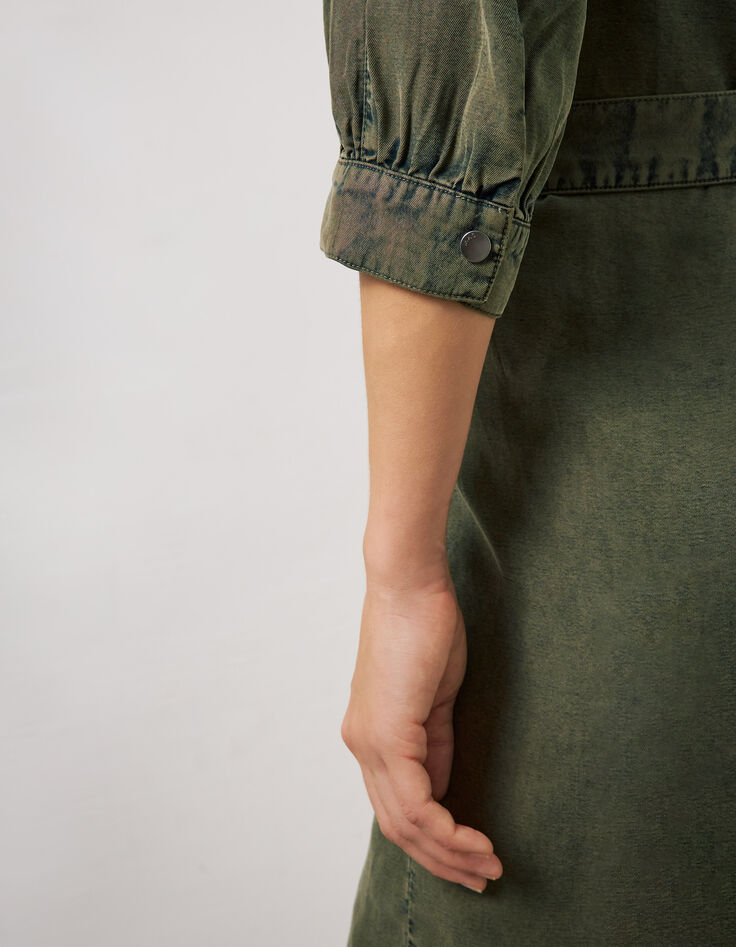 Women’s khaki Tencel shirt dress with quilted collar-6
