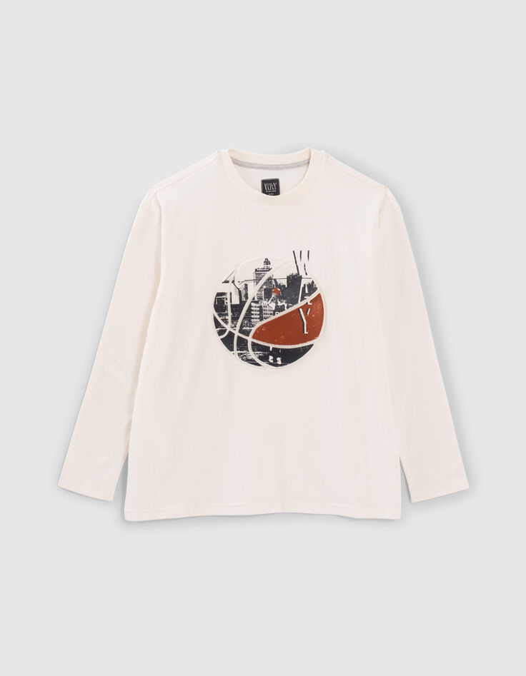 Boys’ ecru T-shirt with embossed basketball image-1