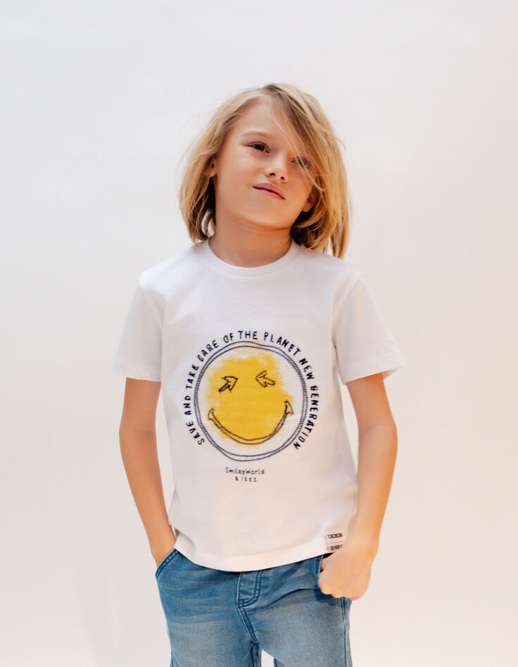 Weißes Jungen-T-Shirt mit Print und SMILEYWORLD-Stickerei-3