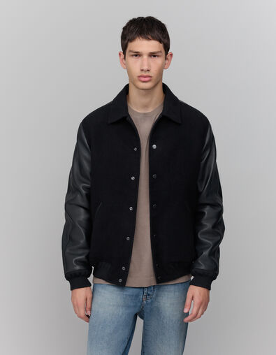 Blouson teddy noir cuir chrome free bi-matière Homme - IKKS