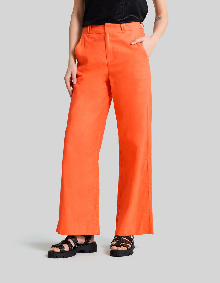 Pantalon de costume orange coton lin Femme-2