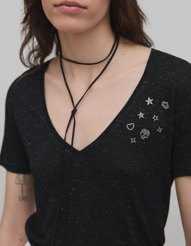 Tee-shirt noir maille lurex badges rock strass Femme-5