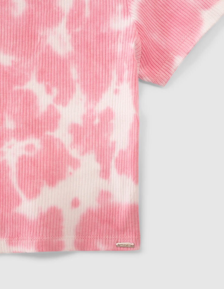 T-shirt cropped rose côtelé à motif tie and dye fille-3