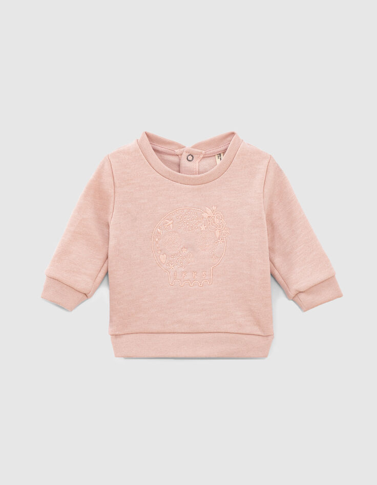 Sweat rose pâle brodé skull en molleton bio bébé-1