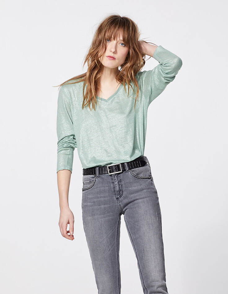 Women’s almond green foil linen long sleeve T-shirt-4