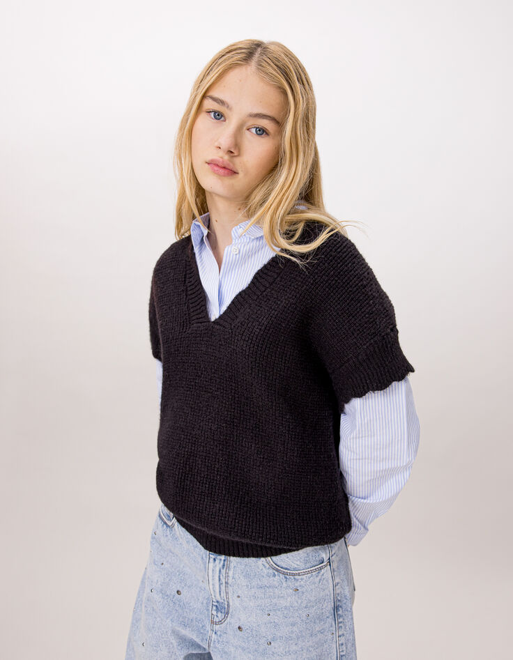 Pull noir tricot sans manches fille-1