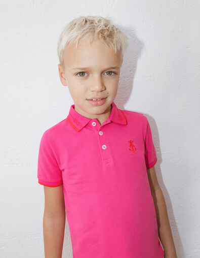 Boys’ pink cotton polo shirt, red striped ribbing - IKKS