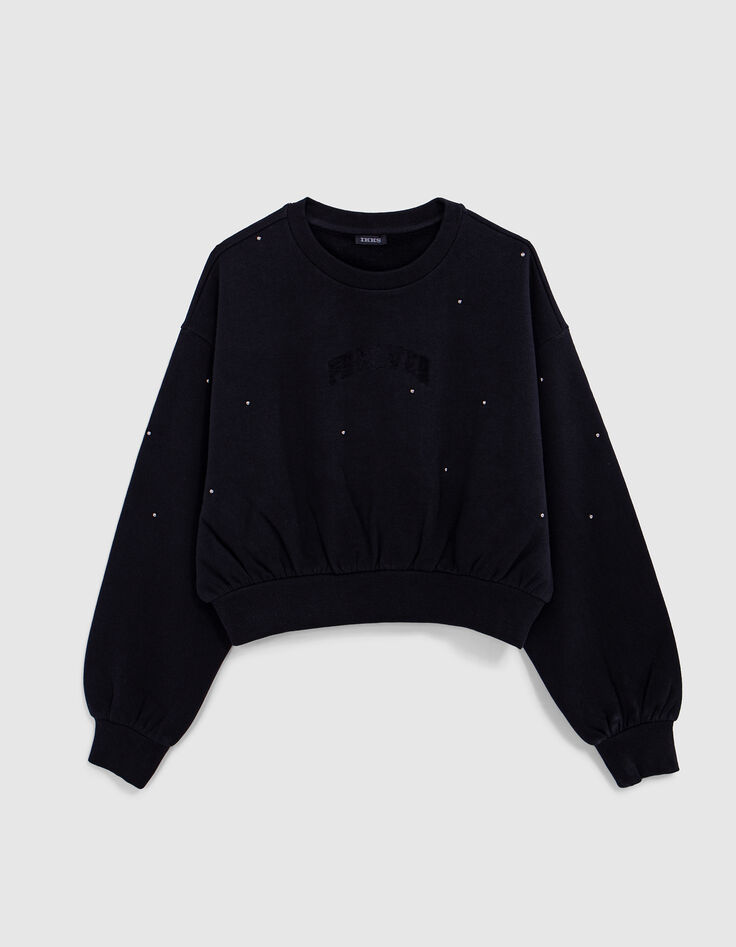 Schwarzes Sweatshirt, Flock-Botschaft, Nietendeko, Mädchen-2