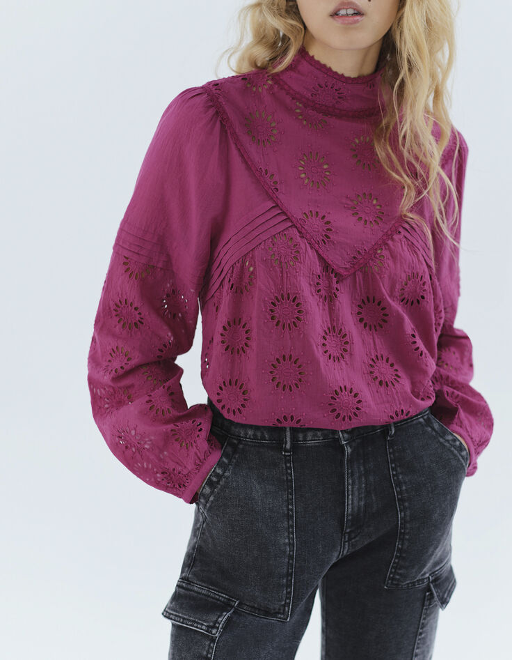 Women’s purple flower-embroidered organic cotton blouse-1