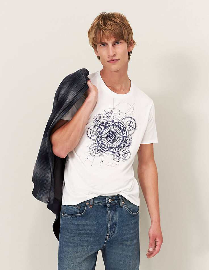 Men's' white compass image cotton T-shirt-2