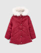 Girls’ burgundy fur-lined quilted hooded padded jacket-1