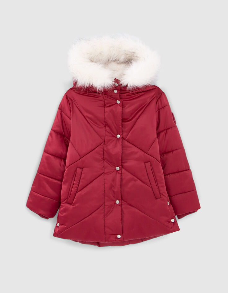 Girls’ burgundy fur-lined quilted hooded padded jacket-1