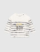 Baby boys’ white slogan T-shirt with blue stripes-1