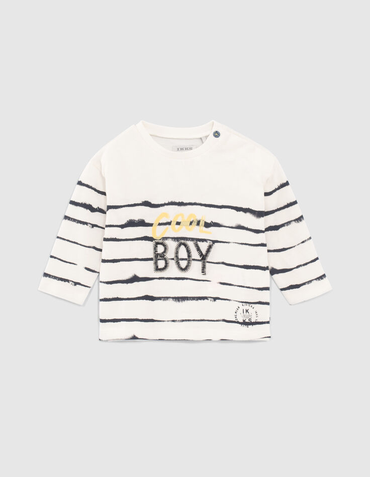 Baby boys’ white slogan T-shirt with blue stripes-1
