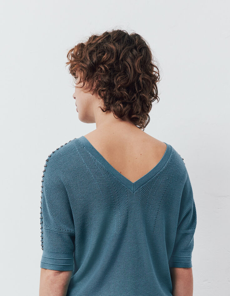 Women’s emerald openwork knit beaded short-sleeve sweater-2