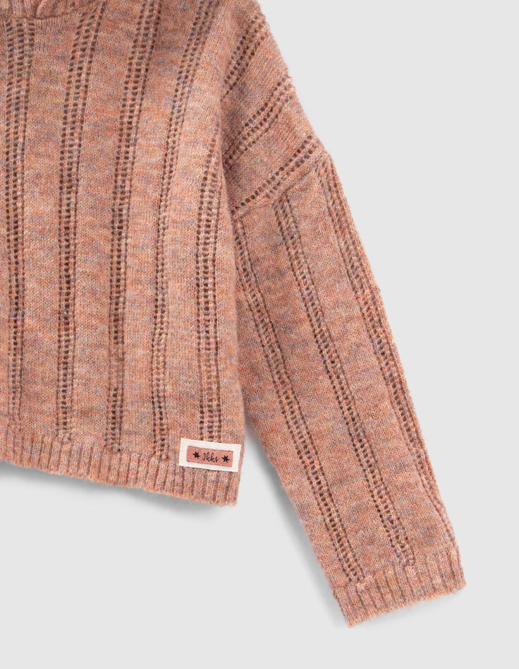 Rosenholzfarbener Ajours-Mädchenpullover mit Kapuze-4