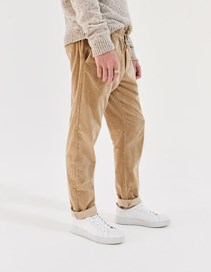 Beige Herrenjogginghose aus geripptem Velours-1