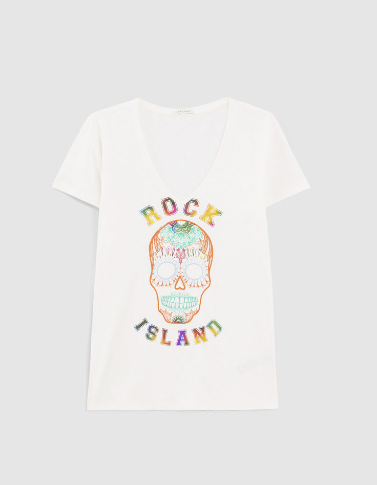 Wit T-shirt metallic doodshoofd en borduursels Dames-6