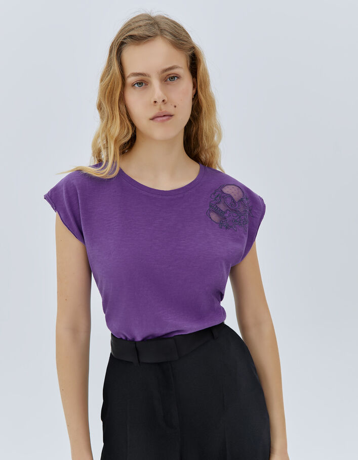 Women's purple T-shirt with skull embroidery and tulle