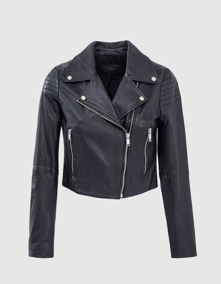 Women’s quilted shoulder lambskin leather short jacket-6