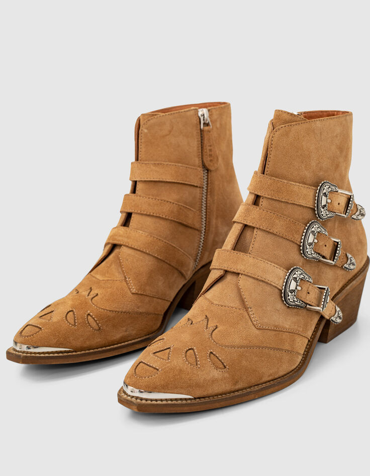 Women’s camel 3-cowboy buckle suede boots-6