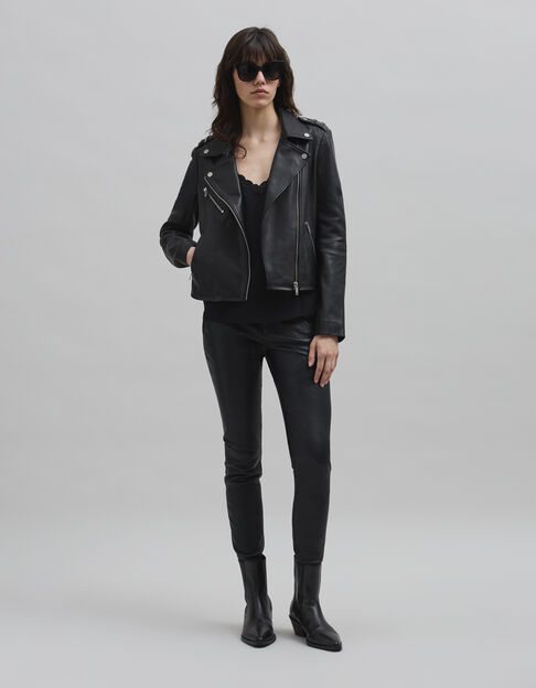 Women's black leather biker jacket with pearl embroidery - IKKS