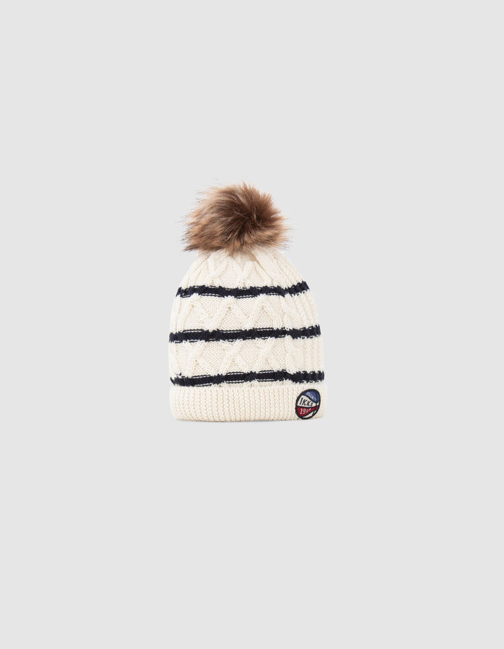 Baby boys’ ecru striped knit beanie & snood, ball badge-2