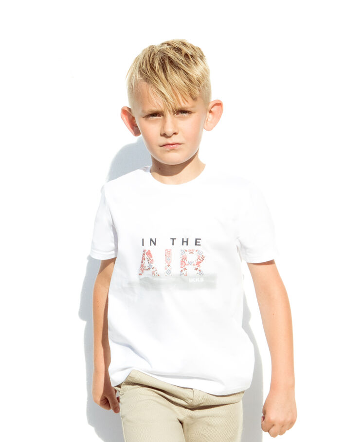 Camiseta de manga corta con mensaje blanca niño