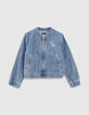 Girls’ light blue denim bomber jacket with print on back-1