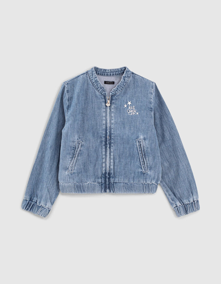 Girls’ light blue denim bomber jacket with print on back-1