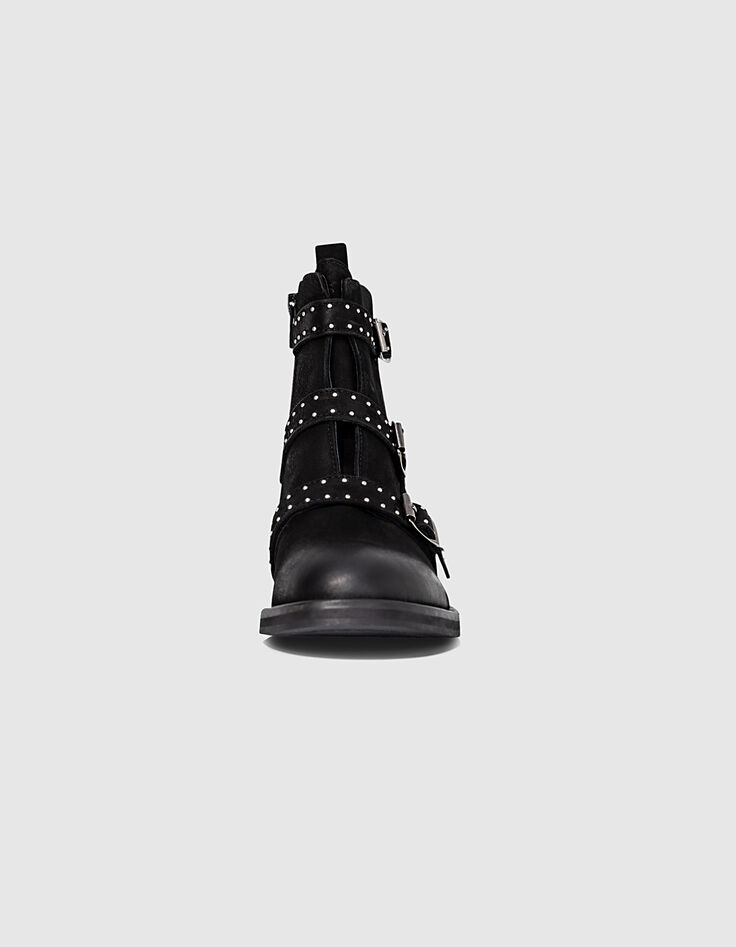 Girls’ black buckle and studs leather combat boots-3