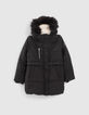 Girls’ black fur-lined hooded long padded jacket-1